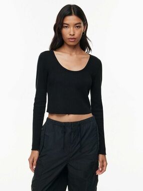 TNA Waffle Cropped Long Sleeve Top | Black | Size M